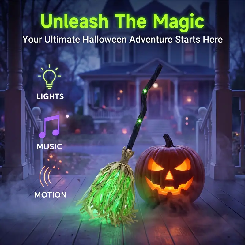 【Summerween】LED Glowing Motion-Activated Musical Raffia Witch Broom Decor, Indoor-Outdoor Halloween Party Ornament, Festive Holiday Home Supplies Gift