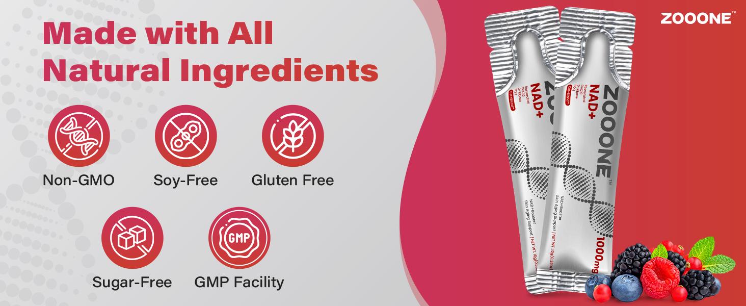 ZOOONE 1000mg NAD+ Berry Flavor Drink Mix for Skin Aging Support, Energy, and Focus - 30 Pack -