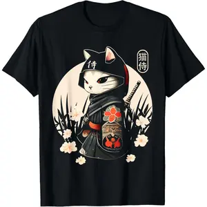 Samurai Cat Tattoo, Kawaii Ninja Cat T-Shirt fashion round neck Casual Short-Sleeve Men's T-Shirts shirts men menswear crewneck gifts for him