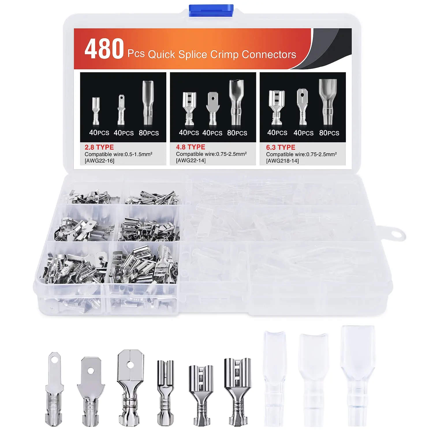Nilight 480PCS Durable Reliable Connectors Assortment - 2.8mm-6.3mm Tin-Plated Open Barrel Copper Crimp Wire Terminals, 240PCS Insulated Sleeves, for 22-14 GA Electrical Wiring, Car Audio Speakers (Father's Day Gift)