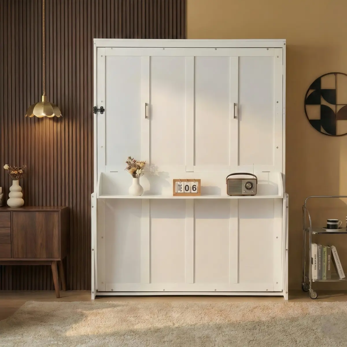 Pine Queen Size Vertical Murphy Bed - Space-Saving Hidden Wall Bed Cabinet with 60.5"w×11.5"d×80.3"h Desk, Gas Struts, 500 lbs Capacity, 10 Inches Clearance, 68.6"w×23.7"d×86.1"h, White