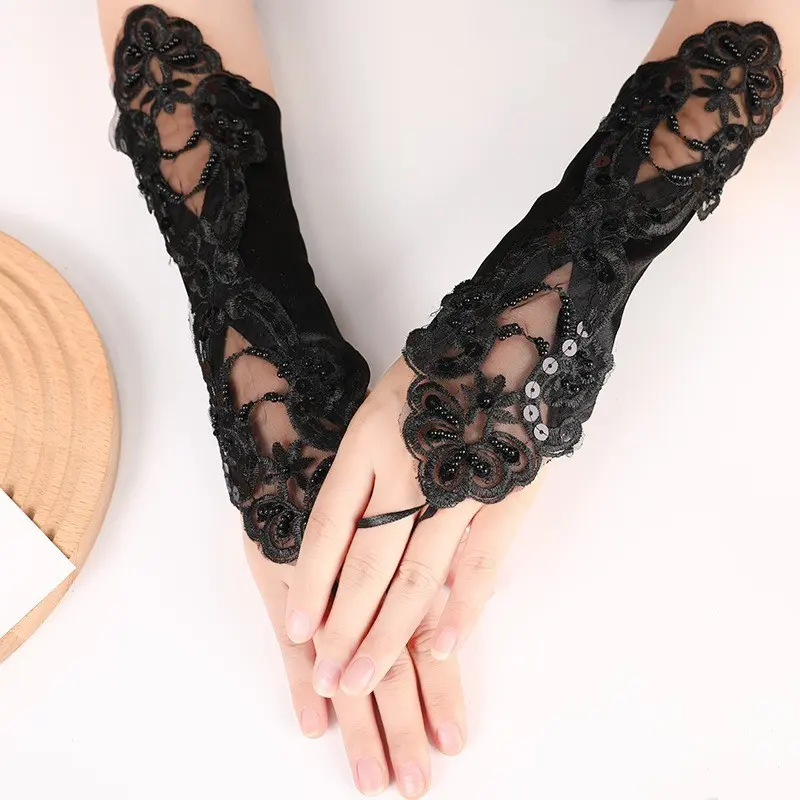 Women's Long Elegant Fingerless Lace Gloves with Rhinestones and Anti-Slip Finger Ring, Elastic Comfortable Cuff for Wedding, Vintage Prom, Cosplay, Evening Dress, Bridal, Anti-Slip Fixed Finger Ring, Breathable, Cocktail Party