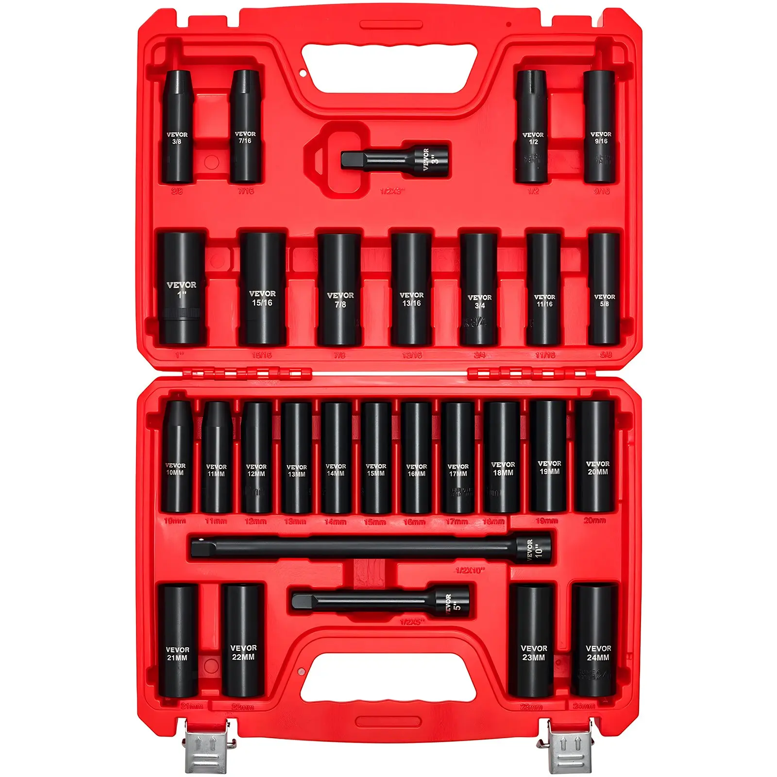 【toolupgrade】VEVOR 1/2 in Drive Impact Socket Set29 Piece6 Point Deep Impact SocketsSAE (3/8 to 1 inch) and Metric (10 to 24 mm) Sizes with Extension Bars (3510 in)Cr-V SteelHeavy Duty Carrying Case, Fathersday, 29 Pcs, 1/2 In Drive Impact Socket Se