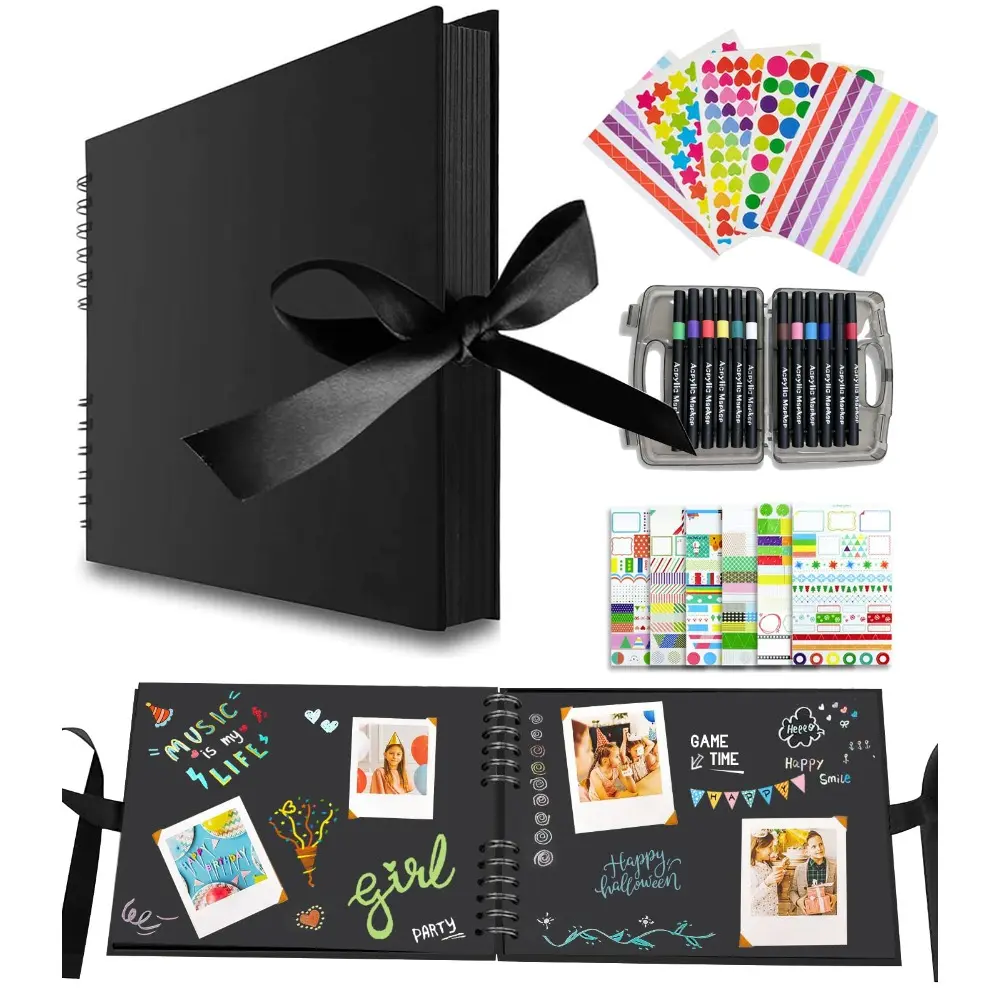 【Back to school】DIY Travel Scrapbook Album kit,DIY Spiral Memory Book for Weddings, Travel, Lovers, Friends, Graduation, Anniversary,baby scrapbooks supplies with Markers, Stickers&12pcs acrylic pens