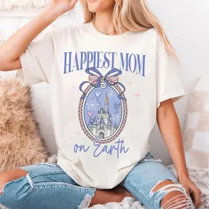 Youth and Adult Magic Kingdom Castle Coquette Bow T-shirt, Happiest Mom On Earth Shirt, Magic Kingdom Mama Tee, Mother's Day Gift For Mom, Magic Kingdomland Family Trip Outfit UHK