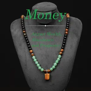 September Laurel Money Attraction Necklace with Green Aventurine & Tiger Eye Pendant, Healing Crystal Stone, Anniversary, Vacation & Theme Party Jewelry, Abundance Crystal Bracelet, Long Chain, Sweater Chain, Ideal Gift Jewelry for Men and Women Quartz Ge