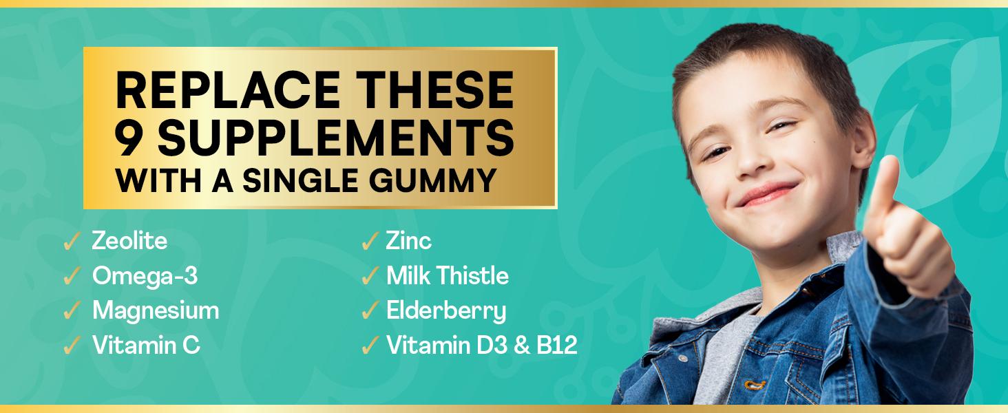 Zeolite Kids Detox Gummies (Mixed Berry Flavor) - Parrox 9 in 1 Kid Supplement for Brain, Immune, Vitamin, and Overall Healthcare - 60 Edible Gummies - Made in USA - (For Ages 3+)