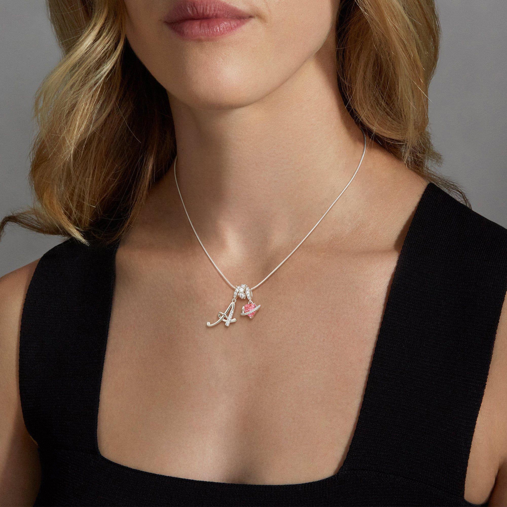 Tewiky 925 Silver 3-Layering Initial A-Z LetterPendant Necklaces for Women Snake Chain Choker Pink Heart Zircon Adjustable Length Necklace Jewelry For Valentine's Day gifts