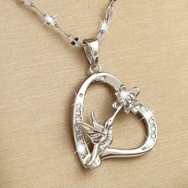 Men's 1pc 925 Silver Polished Plating Heart Shaped Necklace - Love Hummingbird, Flower, Synthetic Zirconia Accents - Elegant Academic Style Costume Jewelry for Anniversary, Daily Wear, Synthetic/Simulated Coloured Gemstone, Academic Look, Heart Frame, Mal