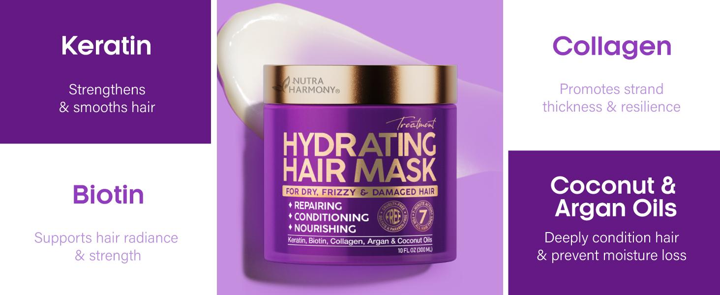Hydrating Hair Mask for Damaged Hair - Keratin Hair Treatment w/ Argan & Coconut Oil | Biotin | Collagen - Deep Conditioner For Dry Hair, Hair Repair & Moisturizing Hair Mask for All Hair Types 10 Oz Hydrating Hair Mask for Damaged Hair - Keratin Hair Treatment w/ Argan & Coconut Oil | Biotin | Collagen - Deep Conditioner For Dry Hair, Hair Repair & Moisturizing Hair Mask for All Hair Types 10 Oz