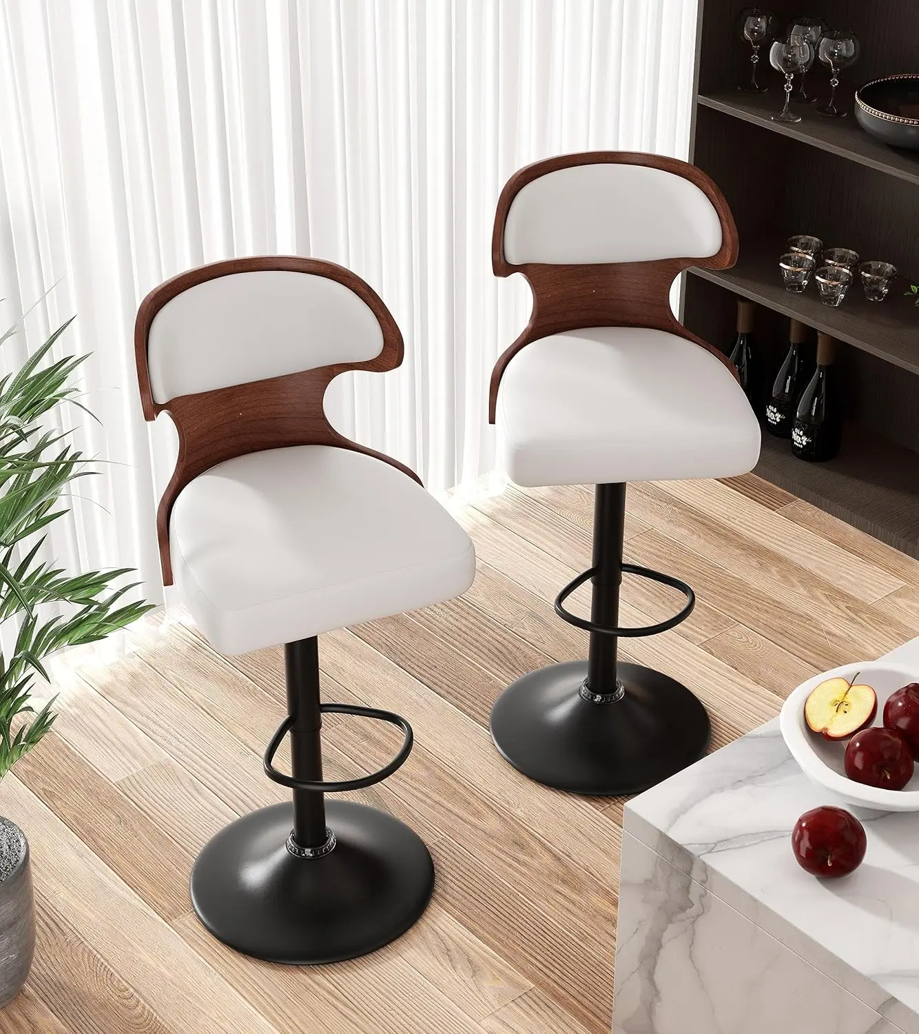 Set of 2 Modern Swivel Counter Stools - Mid-Century Height-Adjust Single-Seat Kitchen Island Chairs with Bentwood Backrest, PU Leather Upholstery and Footrest