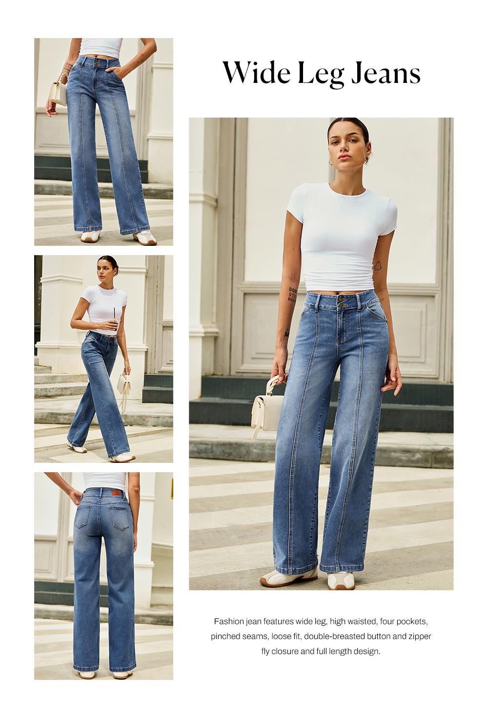 Sidefeel Women's Wide Leg Jeans High Waisted Stretchy Straight Leg Jeans Trendy Seamed Front Loose Denim Pants