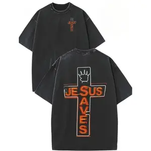 Double-sided washed Jesus saves print T-shirt, high-quality batik cotton vintage street style regular round neck, all-season casual wear, machine washable, adult holiday gift