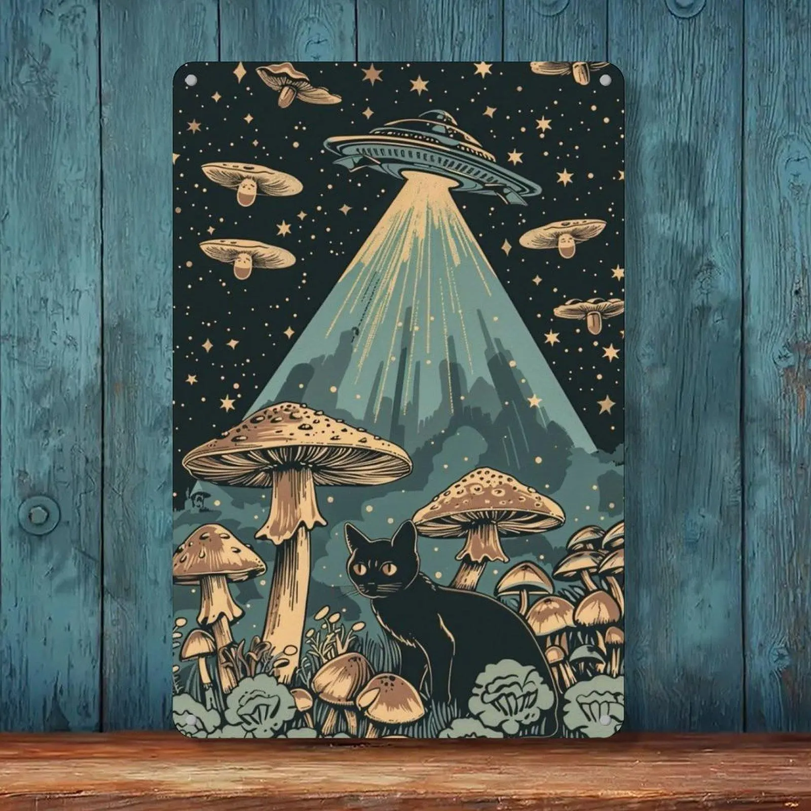 UFO Flying Over Giant Mushrooms Black Cat Starry Night Trippy Retro Tin Sign 8x12in Psychedelic Room Wall Decor Metal Tin Sign