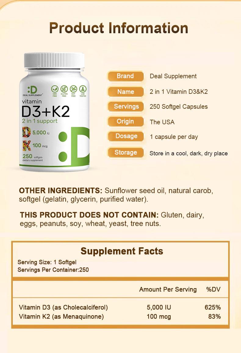 Deal Supplement Vitamin D3+K2 | Immune Support | Bone Health | 250 Veggie Softgels Healthcare Dietary Deal Supplement Vitamin D3+K2 | Immune Support | Bone Health | 250 Veggie Softgels Healthcare Dietary