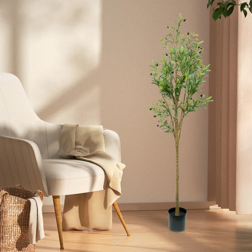 180cm Height Artificial Olive Tree With Lifelike Fruits And Natural Wood Trunk, Perfect For Modern Home, Office And Living Room Decor