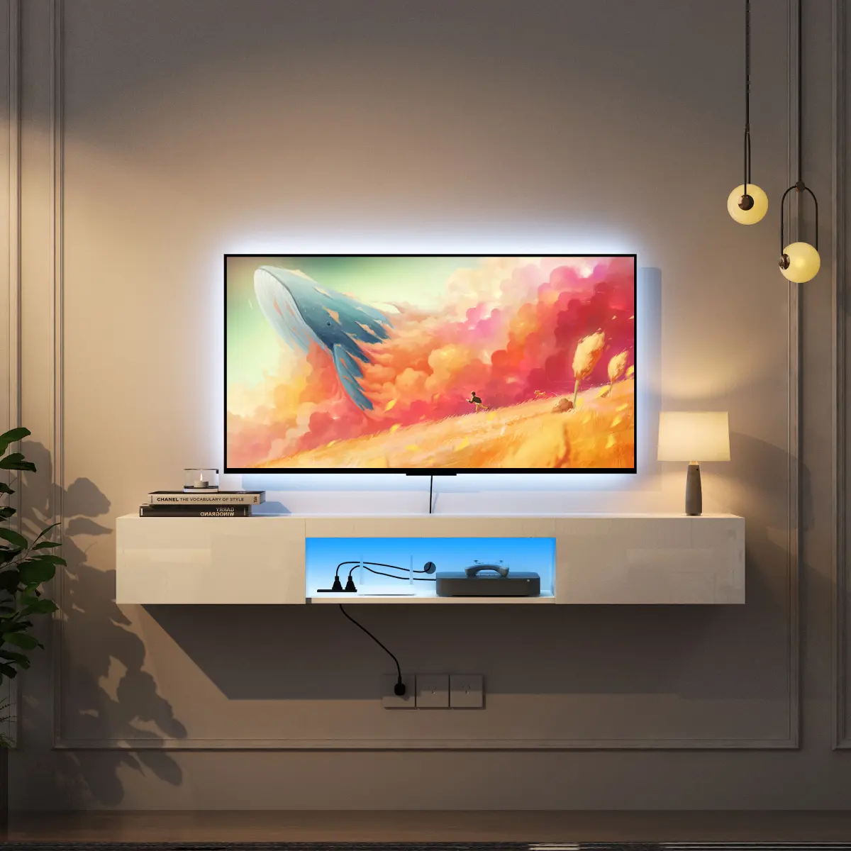 63" White Modern Floating Wall-Mounted TV Console Table - Stand with 16 Color LEDs, Large Storage, Cable Holes for 55, 60, 65 Inch Screens, Tv Stand