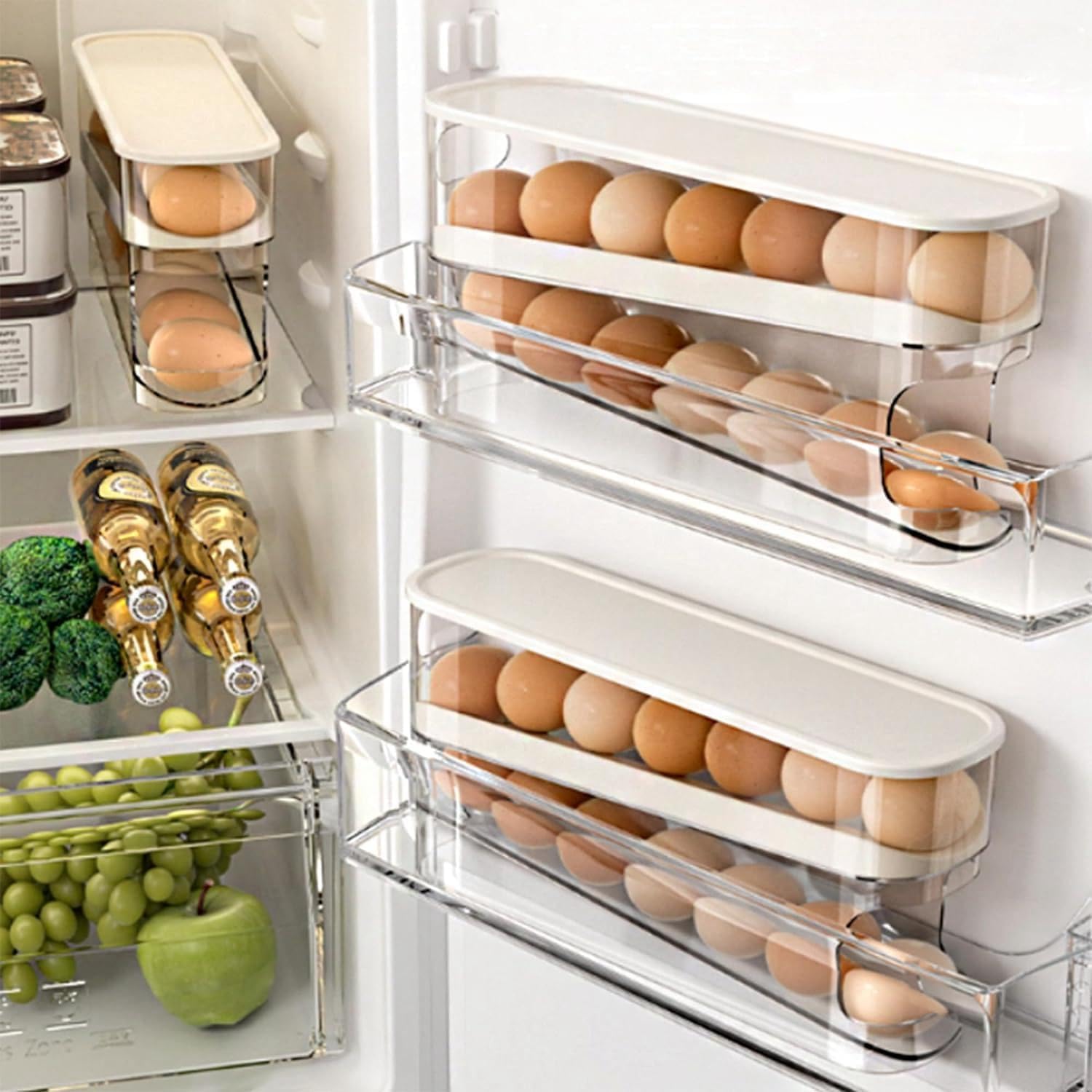 Egg Organizer，Rolling Egg Storage Box Kitchen Multi-Layer Stackable Fridge Organizer Creative Slanted Refrigerator Accessories Side Door Dedicated Automatic Replacement Egg Tray Freshness Box,Mother's Day gift