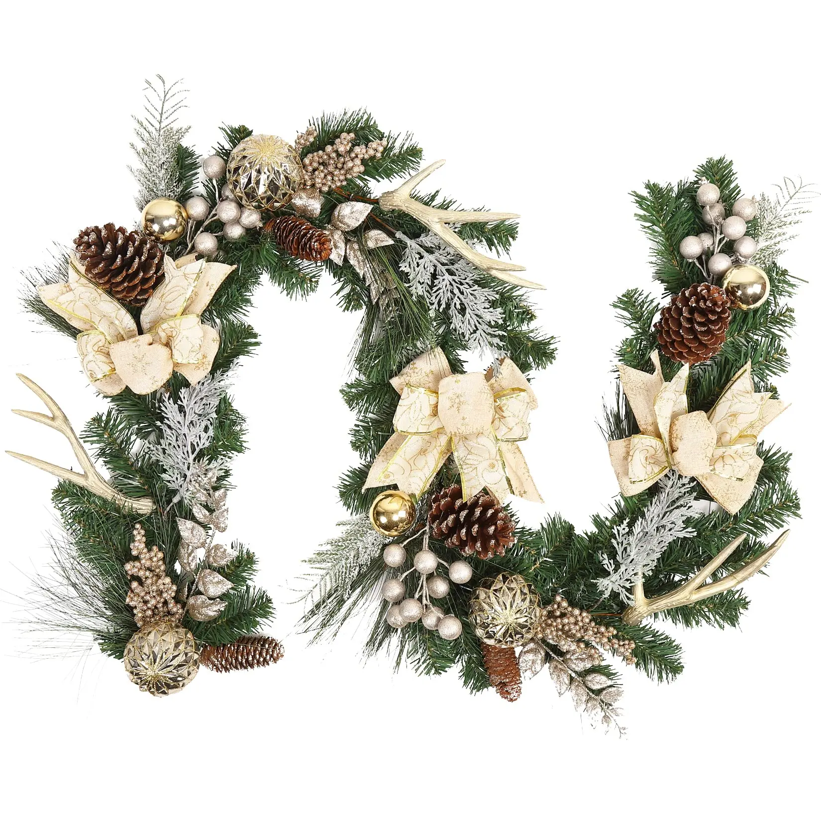 6ft Christmas Garland with 20 LED Lights, Battery-Operated Xmas Decor with Gold Balls, Antlers & Bows for Indoor/Outdoor Fireplace & Stair Railing