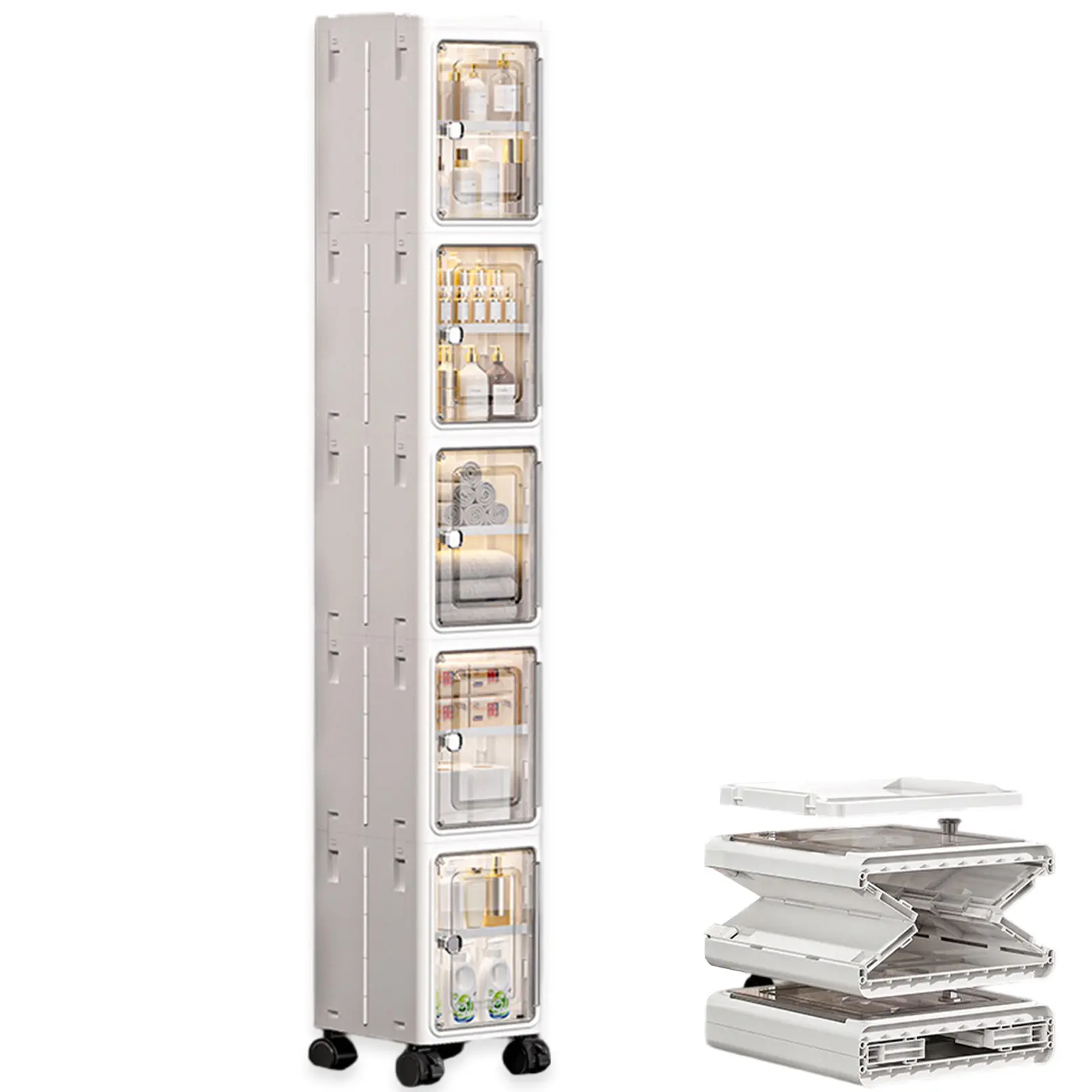 5-Tier Tall Narrow Eco-Friendly Freestanding Plastic Bathroom Storage Cupboard - Modern Vertical Indoor Storage Furniture with Transparent Dustproof Doors, Shelves, Compartments, Lids, Collapsible Square Organizer, Wheels for Small Spaces, Freestanding Ca