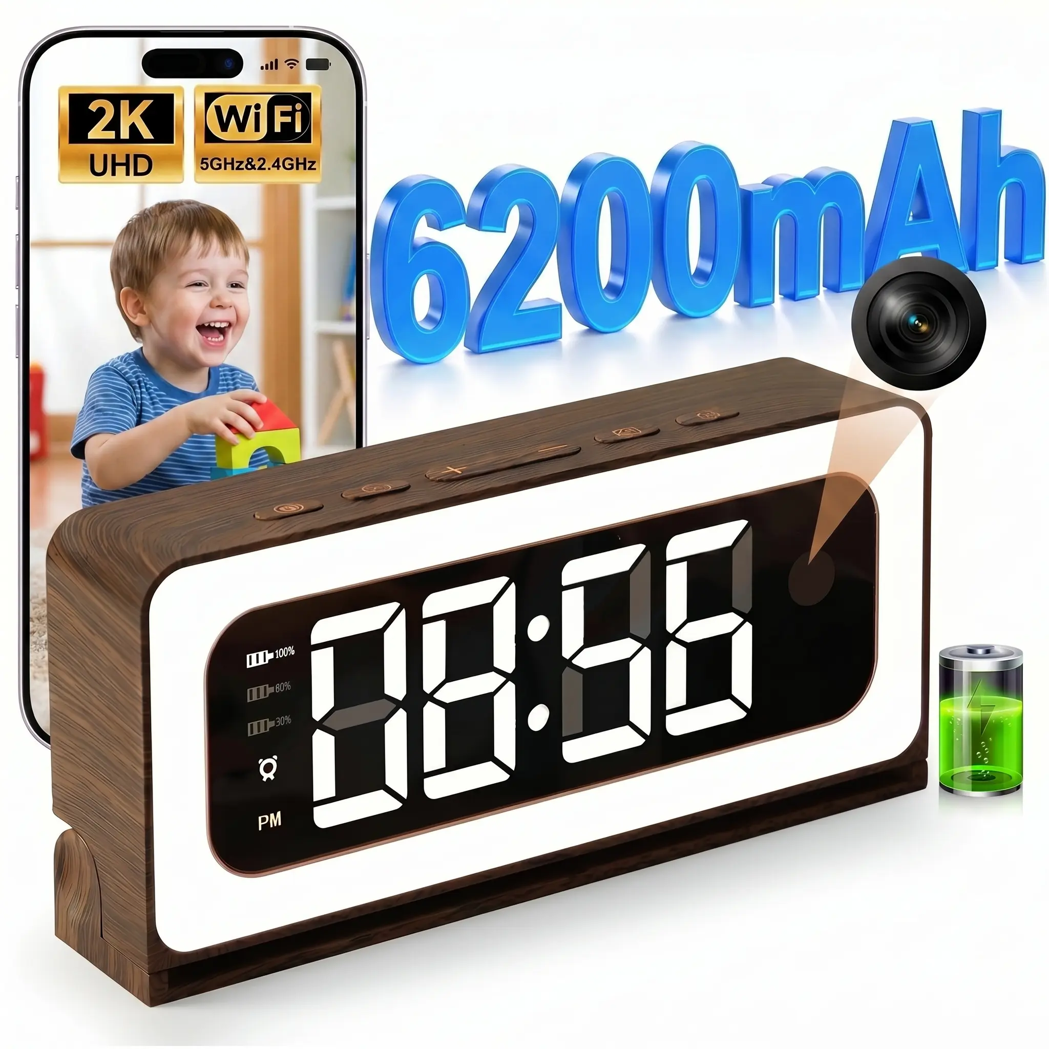 2K Smart Indoor Clock Camera, 6200mAH,Nanny Cam, Indoor Security Camera for Home, 5G & 2.4G WiFi, Full Color Night Vision, Motion Detection Alerts, Alarm Siren, Local SD Storage, Wood Grain Design