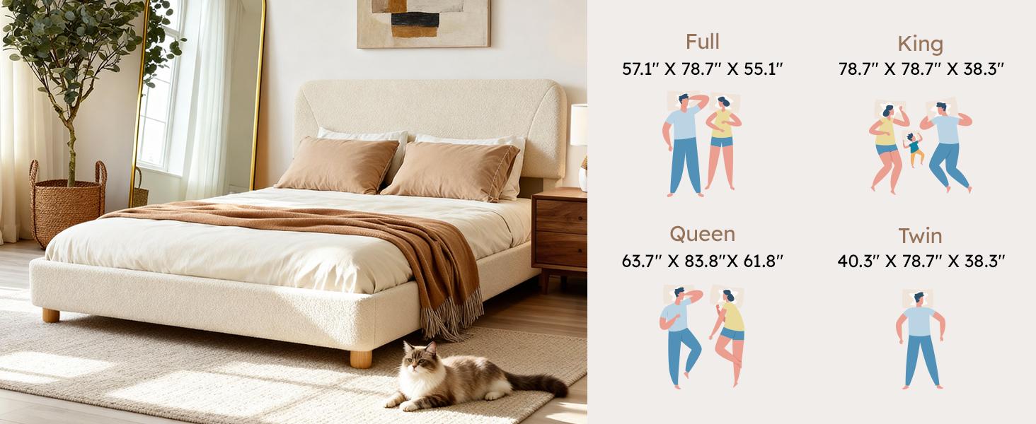 BERRY NEST Queen Size Boucle Bed Frame, Upholstered Cloud Bed Frame with Comfortable and Adjustable Headboard, Solid Wood Legs, Rounded Corners Design & Easy Assembly – Modern Cream Platform Bed, No Mattress, No Noise, Full