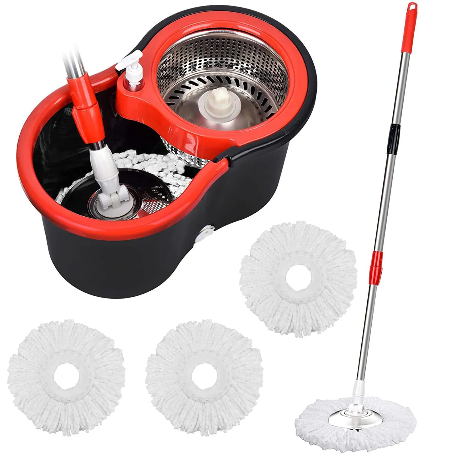 Spin Mop and Bucket with Wringer Set, 3 Mop Refills, 61" Stainless Handle
