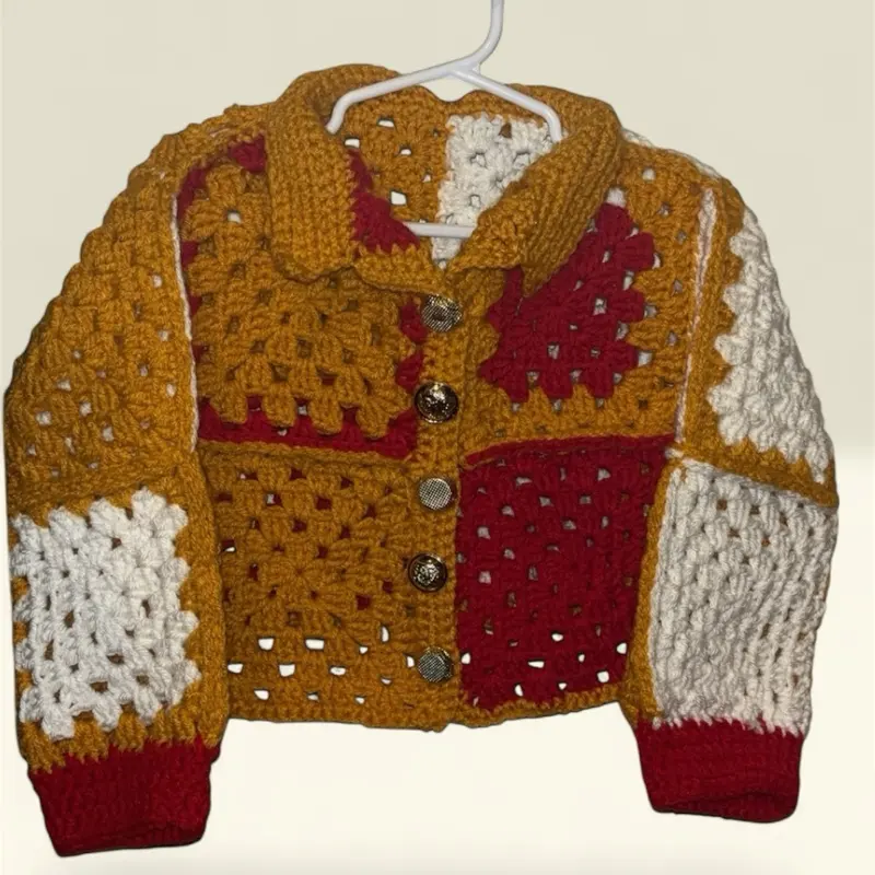 Crochet Sweater Jacket - Colorful Knitted Design with Button Closure and Unique Patchwork Pattern