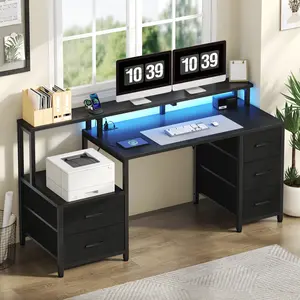 67'' Computer Desk with 5 Drawer and Monitor Stand, Gaming Desk with LED Lights & Power Outlets, Printer Cabinet