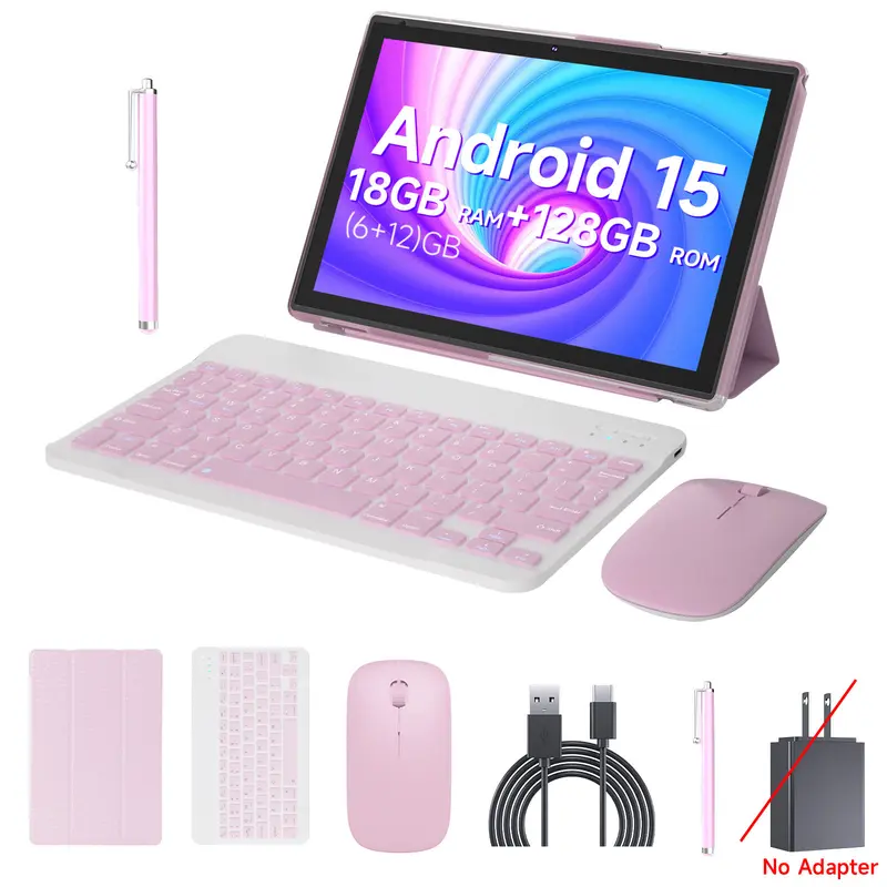 TikTokShopStockUp, PEICHENG Android 15 Tablet 10.1" 18(6+12)GB RAM 128GB ROM Dual Camera Bluetooth Keyboard Mouse Stylus 2.4G/5G,For Valentine's Day Gift WiFi Type-C Charging Large Storage Portable Cellphone Smartphone PINK