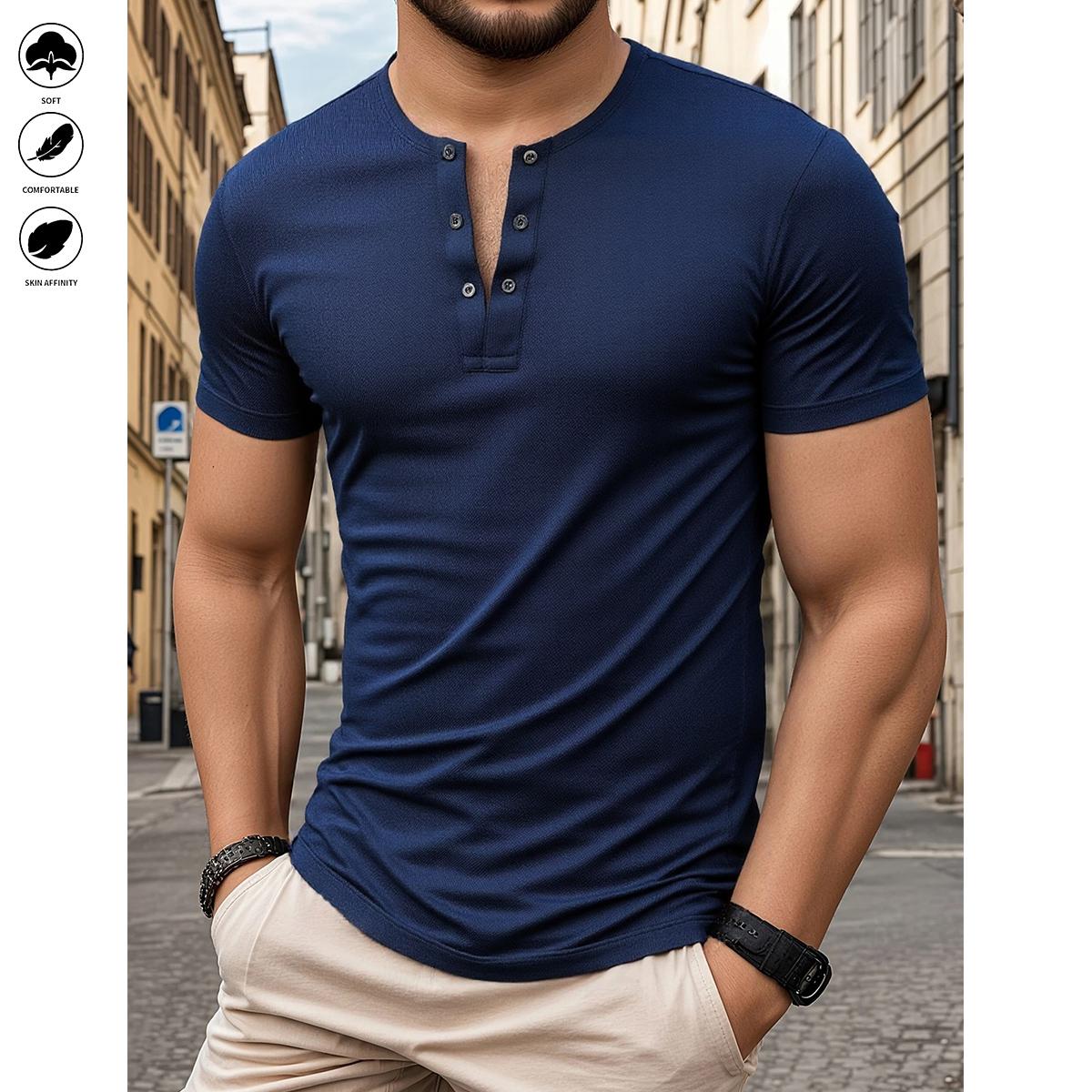 5pcs Men's Fine Pure Color Design Fashion Round Neck Short Sleeve Outdoor Sports Casual Henry Shirt