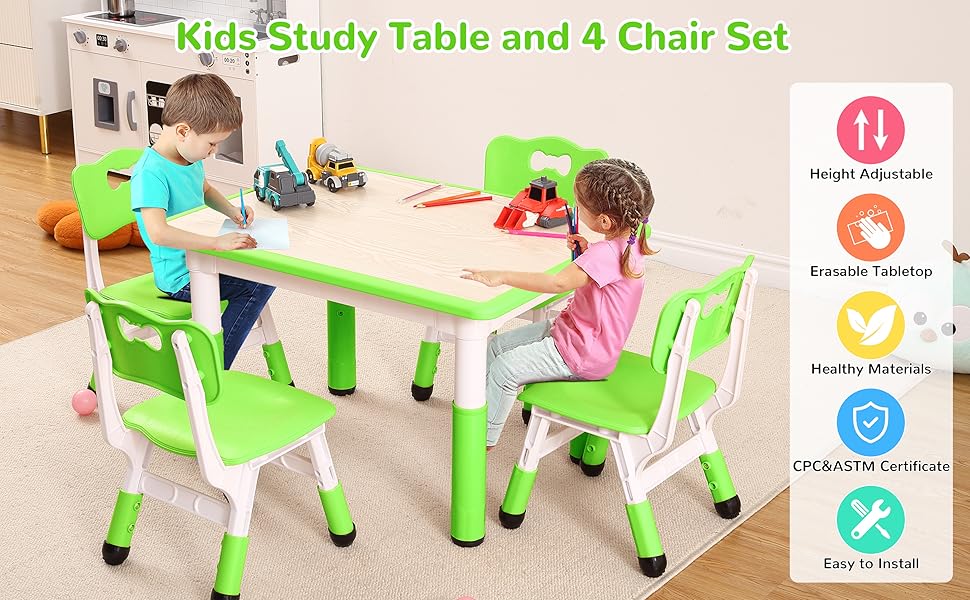 GARVEE Adjustable Table and Chairs Set for Ages 2-10, 4-Seat Desk with Graffiti Desktop, Non-Slip Design, Supports Up to 300lbs, Perfect for Classrooms, Daycares, and Home Use in Green, Light Blue, Beige, and Grey.