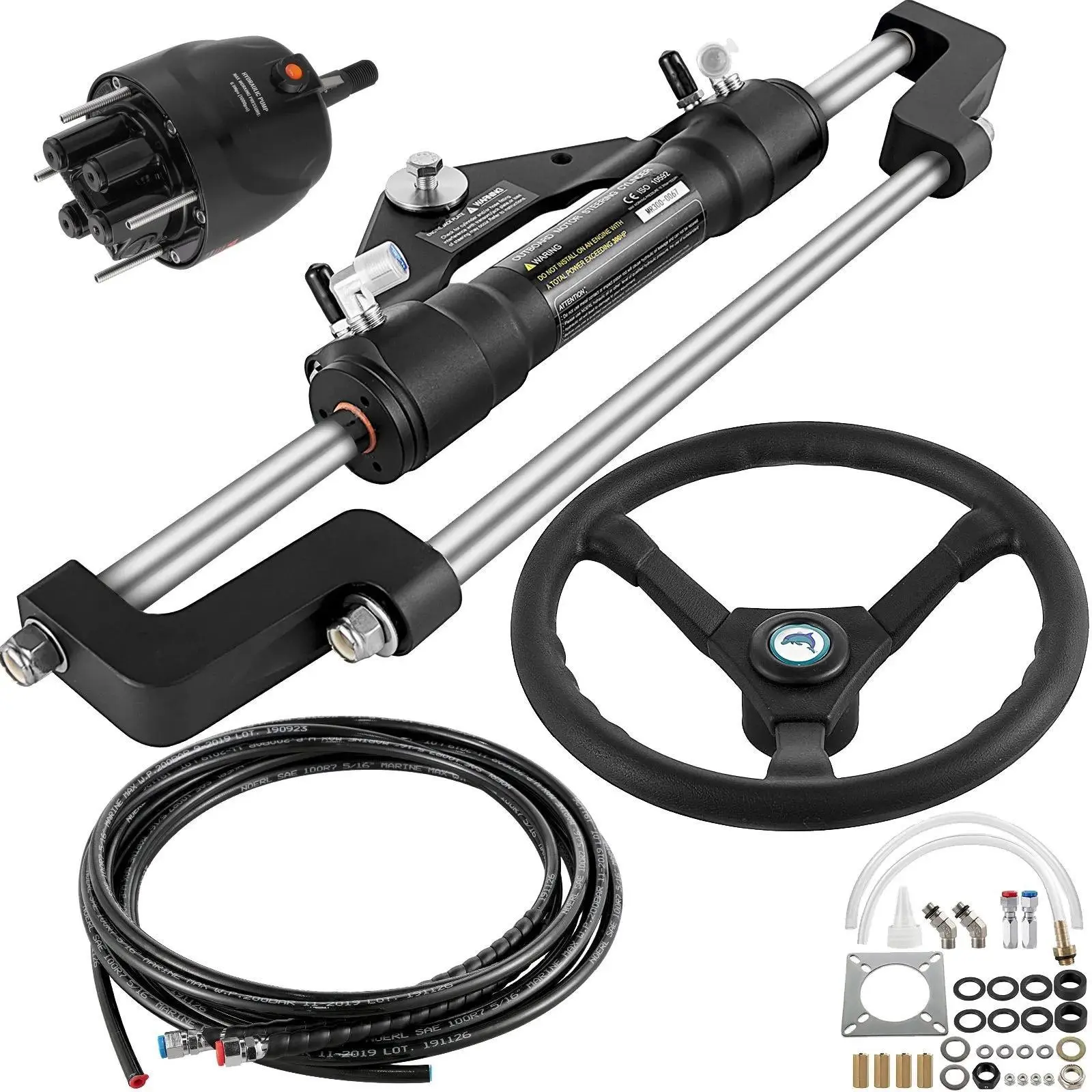 【Backtoschool】VEVOR Hydraulic Boat Steering Kit,  300HP Hydraulic Steering Kit Helm Pump, Cylinder, Wheel, 18 Feet Hose Hydraulic Steering Seal Kit, Corrosion-Resistant Boat Steering System Marine Steering Kit