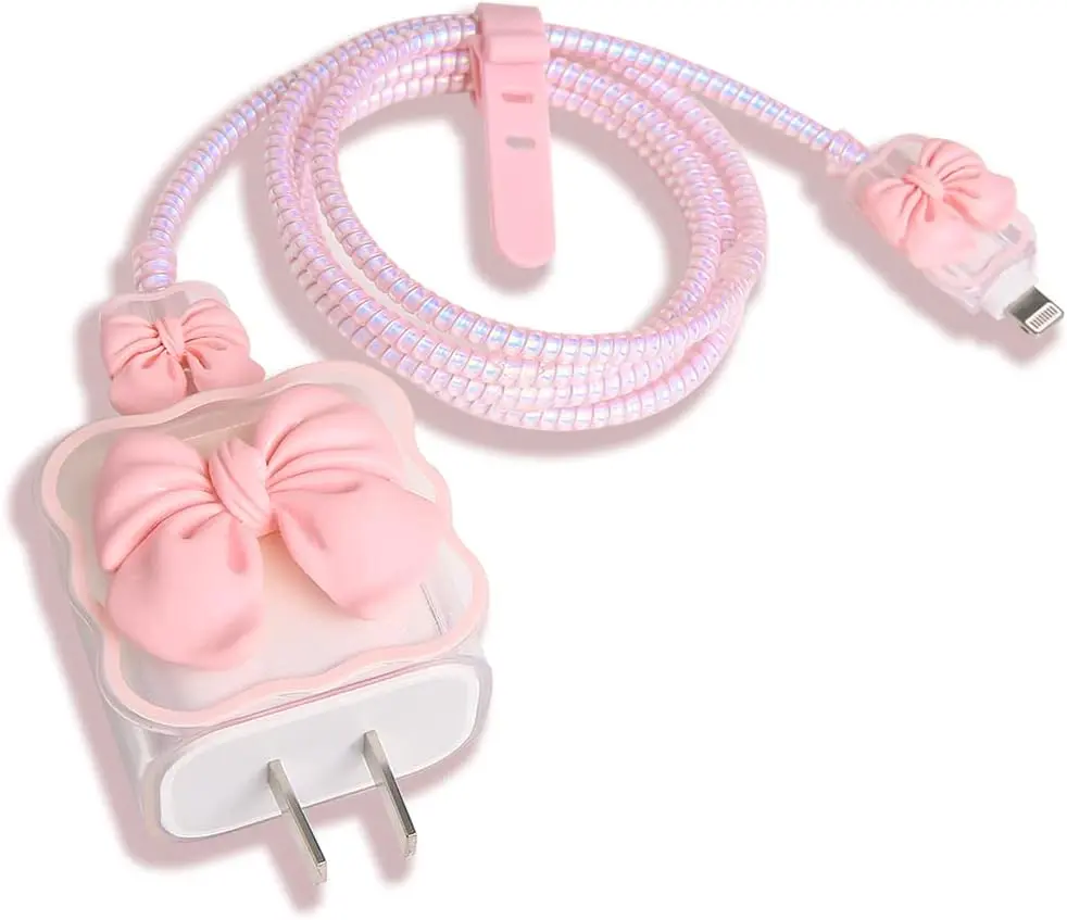 Compatible with iPhone 18W/20W USB-C Charger Cover Cute 3D Bow Tie Design Clear Soft Charger Protector Kawaii Cable Saver(5in1)