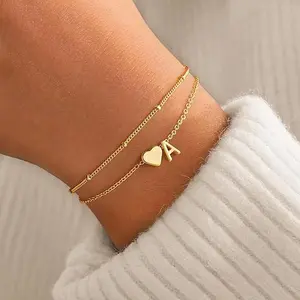 Layered Heart Initial Bracelets for Women Girl Birthday Gift - Ajustable Christmas Jewelry Gift & Black Friday Deal