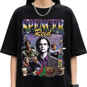 Spencer Reid Vintage Collage Shirt – Crime Drama Inspired Graphic Tee, Unisex Black T-Shirt