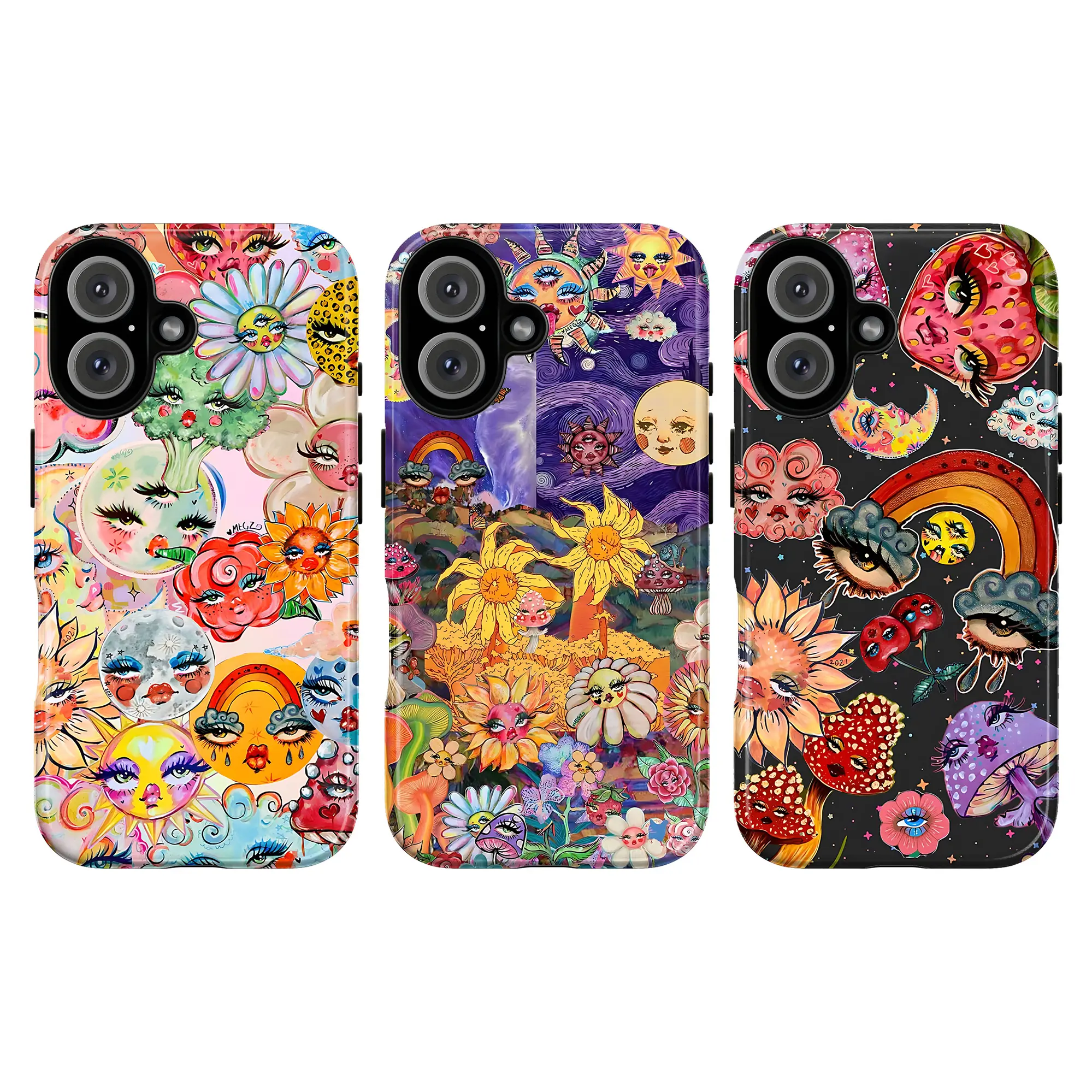 Whimsical Psychedelic Polycarbonate Smartphone Casing - Colorful Sun, Moon & Floral Face Art, Trippy Cosmic Aesthetic Protector for Handheld Devices, Compatible with iPhone 11-17 Pro Max, Samsung Galaxy S21-S24, Art Lover Accessory