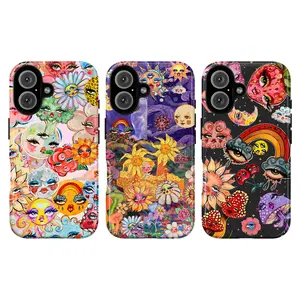 Whimsical Psychedelic Phone Case – Colorful Sun, Moon & Floral Face Art Design, Cute Trippy Cosmic Aesthetic Protective Cover, Compatible with iPhone 11, 12, 13, 14, 15 16 17 Pro Max & Samsung Galaxy S21–S24, Trendy Gift for Her & Him, Art Lovers