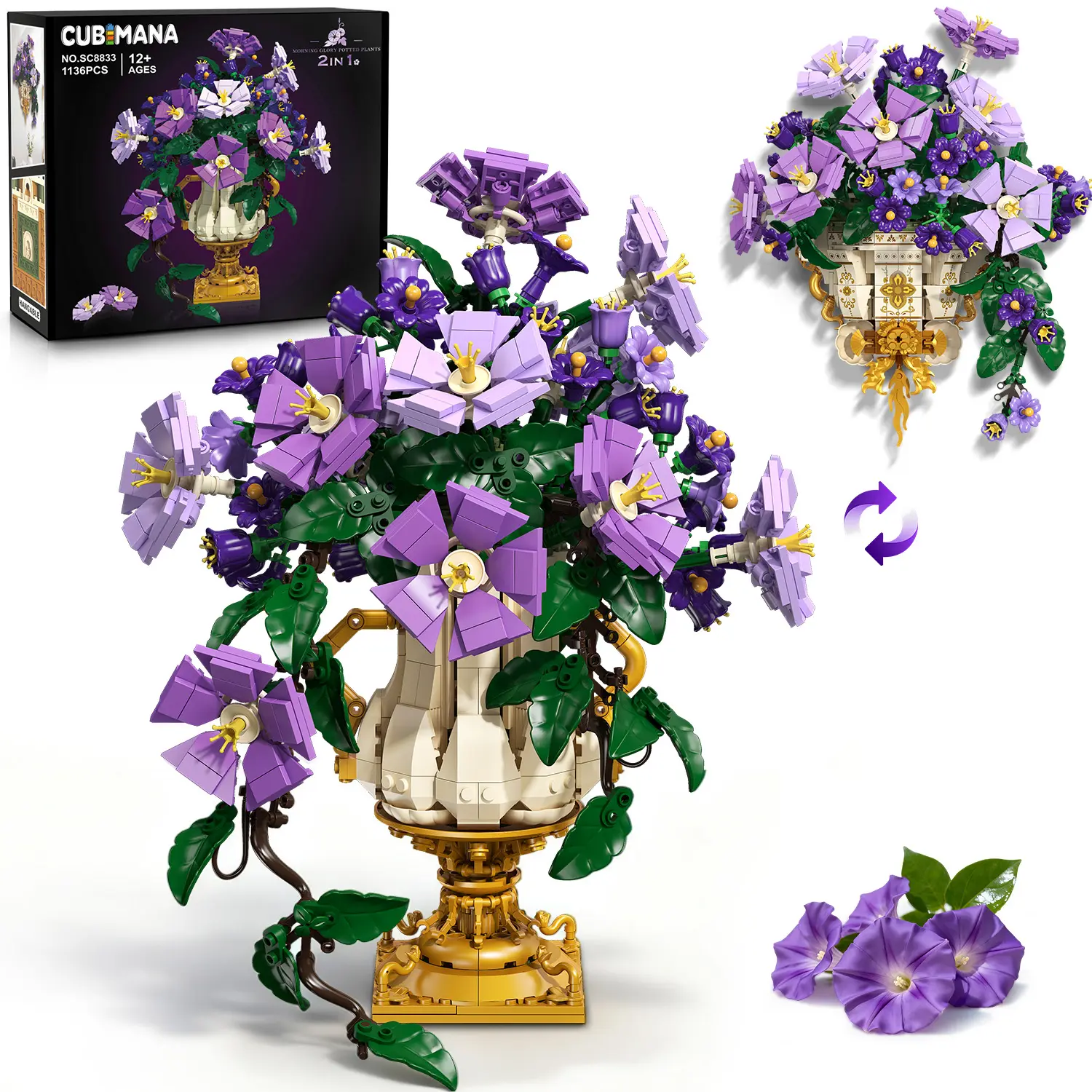 CUBIMANA 2-in-1 Morning Glory Bonsai & Botanicals Building Set with Vase, 1136PCS Model Building Kit for Adults 12+, Vintage Home Decor Birthday Gift Building Block Set Diy Assembly Kit