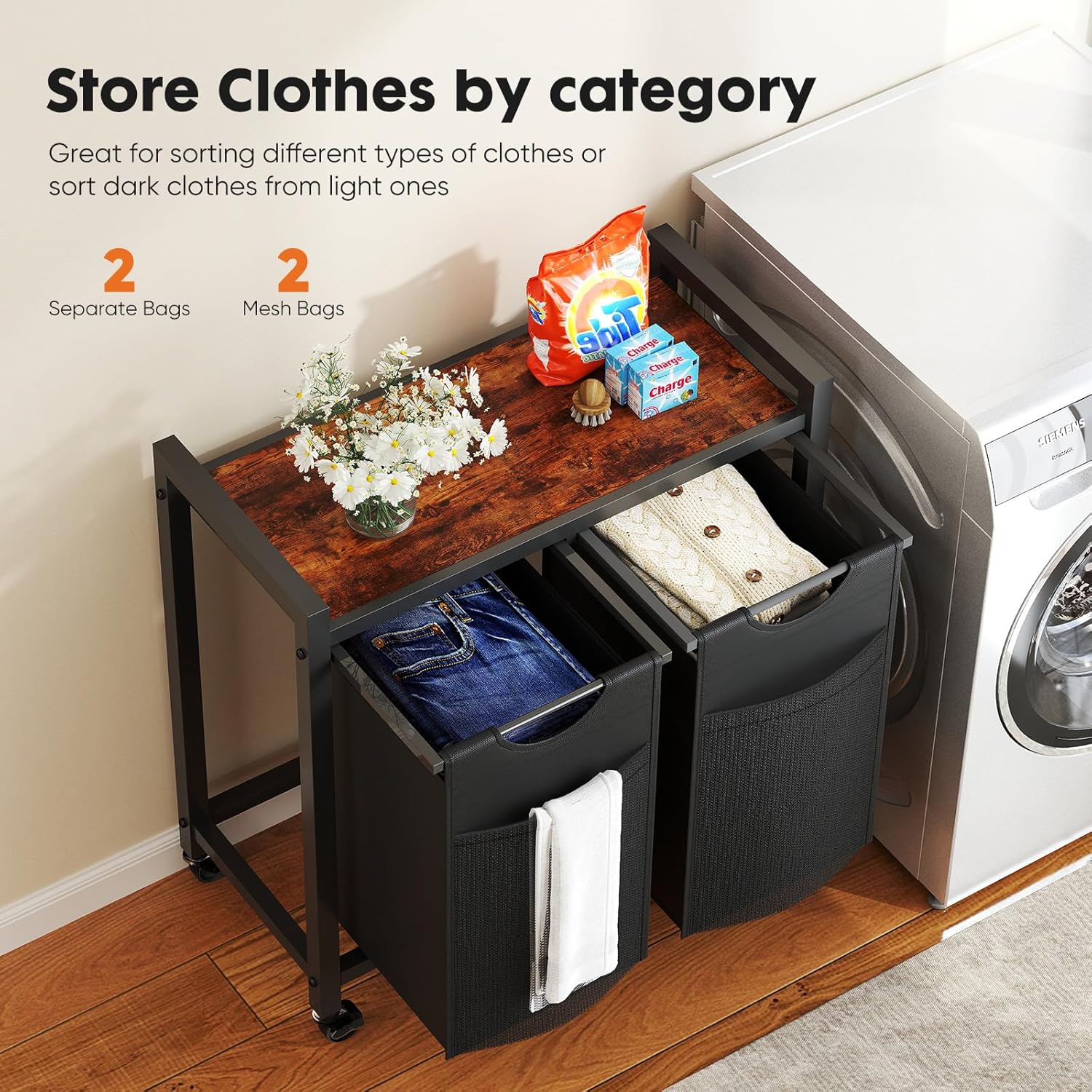 Laundry Hamper with Pull-Out Removable Sorter Bags Large Capacity and Movable Wheels,Freestanding Clothes Basket Organizer for Bathroom
