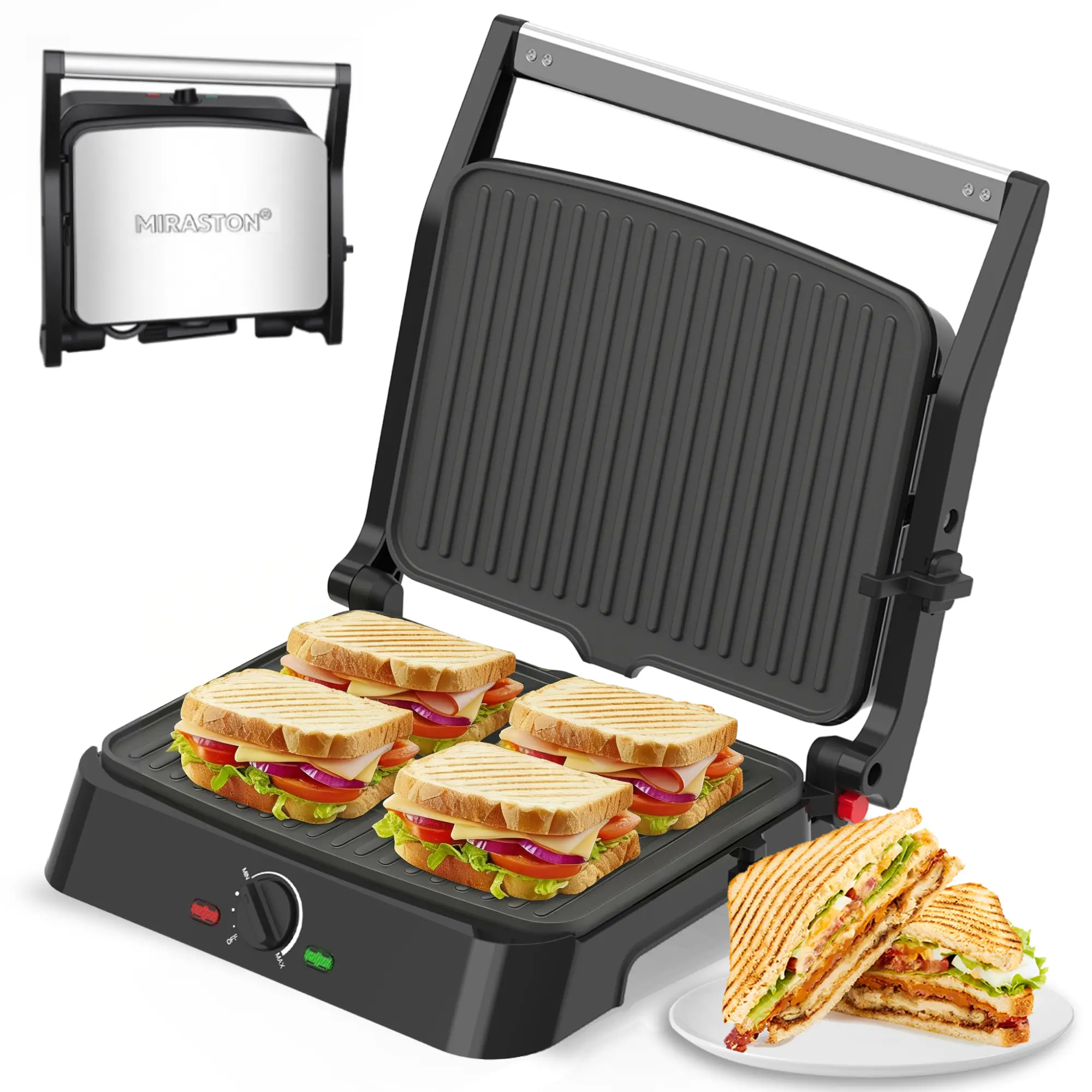 MIRASTON 3-in-1 Electric Smokeless Indoor Grill & Panini Press, 1500W Fast Cooking, Adjustable Temp (410°F-482°F), Non-Stick Plates, Drip Tray, Easy Clean Indoor Griddle Tabletop Universal Griddle