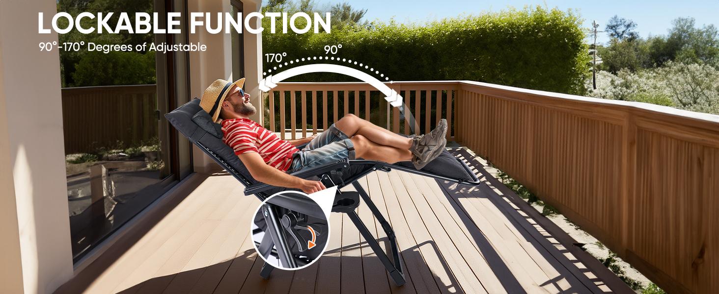 Zero Gravity Chair, Reclining Camping Lounge Chair, Reclining Patio Chairs with Cup Holder Trays and Removable Cushion, Folding Recliner for Indoor and Outdoor