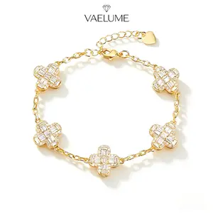 VAELUME Original Thickly 18K Gold Plated Baguette Four-Leaf Clover Bracelet, 5A VVS D-Color Zircon, Iced Out Sparkly Lucky Flower Chain, Luxury Jewelry Gift for Her #B18881.