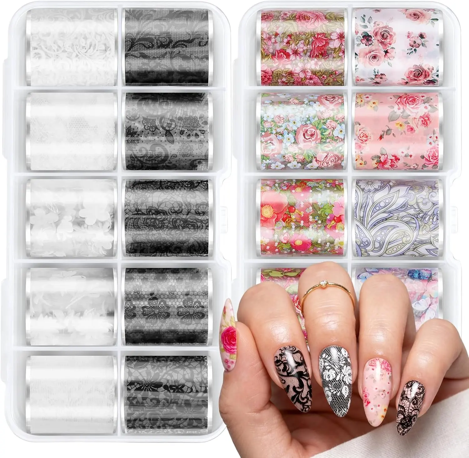 MelodySusie Lace Nail Foil 20 Rolls Nail Transfer Foil 1m Per Roll Holographic Nail Art Stickers Decals for DIY Acrylic Nails Manicure Wraps