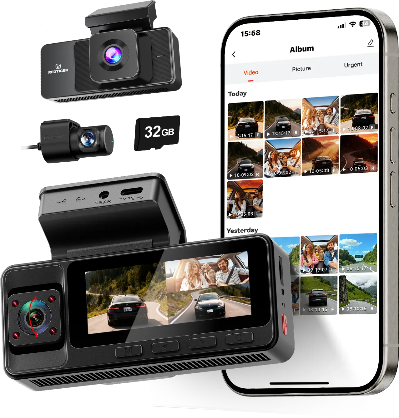 REDTIGER A3 3 Channel WiFi Dash Cam Front and Rear Inside with 32G SD Card( No SD Card Option In A Better Deal ), 2.5K+1080P+1080P Car Dash Camera for CarsFront and Rear, G-Sensor, 24H Parking Mode, Car rvibe, Car VLOG