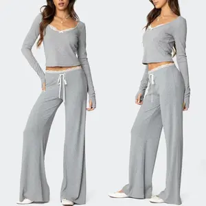 Women Fall Outfit Lace Trim Scoop Neck Long Sleeve Crop T-shirt, Drawstring Flare Pants Casual 2 Pcs Set, Solid Color Casual Top & Trousers Pajama Set, Solid Color Loungewear Set