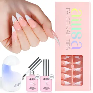 Aillsa Long Stiletto French Tip Nails Set - 180pcs Classic Nude Soft Gel Nail Tips in 15 sizes, Mini UV Lamp, Base coat and Top coat, Easy to Wear Soak Off Acrylic Fake Nails Extensions DIY Nail Art at home  Gift For Women gel nail nail glue