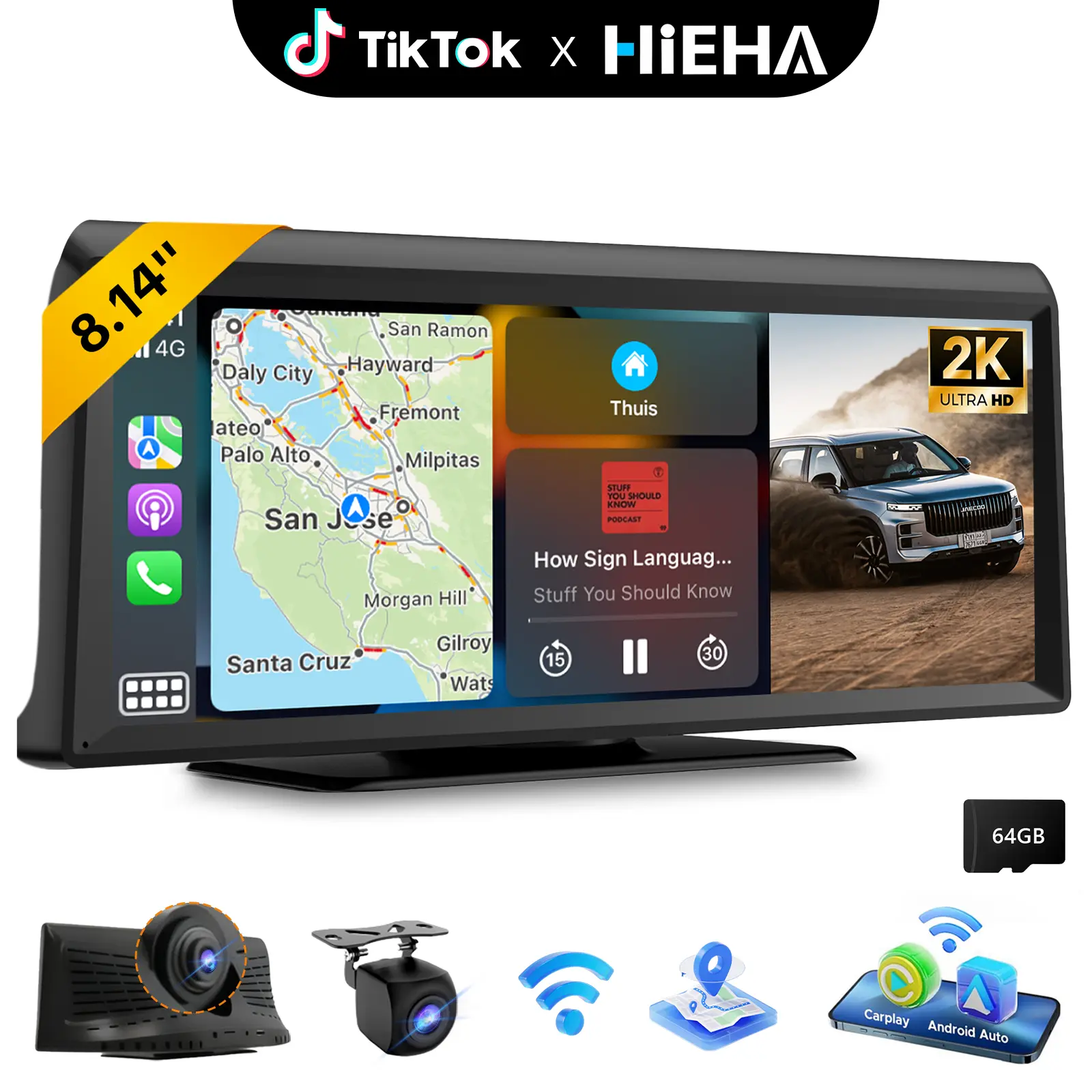 【Hieha】Wireless CarPlay Screen with 2K Dash Cam, 8.14" Portable Touchscreen Car Stereo with CarPlay & Android Auto, 1080P Backup Camera, Voice Control, Bluetooth, Mirror Link, GPS Navigation Car Video Players Car Media Player Car Monitor,car accessories