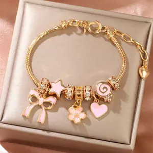 Women's Gold-Tone Adjustable Bracelet with Full Rhinestone Bow, Heart, Flower & Lollipop Beads,Daily All-Match Style