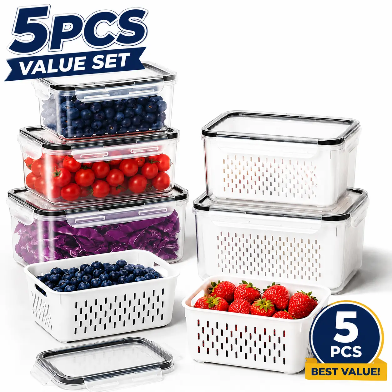 【Summer Deals】5 Pack Fridge Organizers and Storage - Stackable Fruit Storage Containers for Fridge with Removable Colander, BPA-Free Food Storage Container for Salad Berry Lettuce Vegetables Meat Keeper Fresh